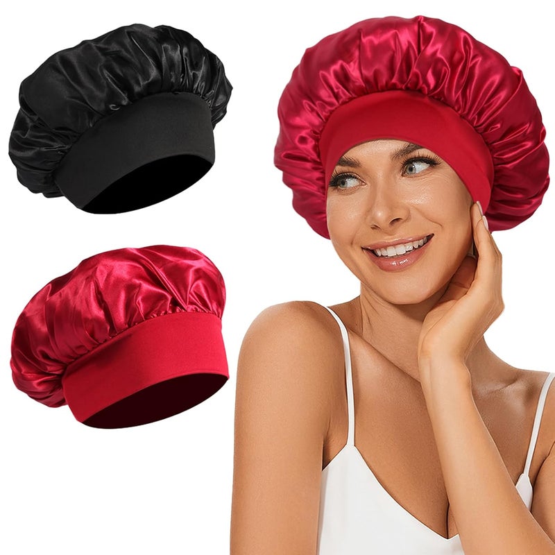 LEADUWAY 2Pcs Satin Bonnet Silk Bonnet, Hair Bonnet for Sleeping, Elastic Wide Band Silk Sleep Cap, Soft and Breathable(Black Red) - Image 1